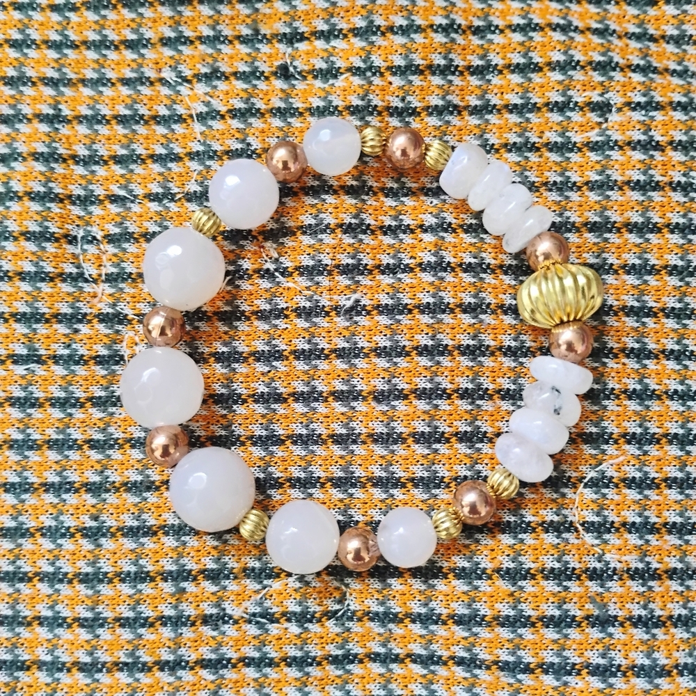 Milky Agate And Rainbow Moonstone Two Tone Bracelet - Picture 5 of 6